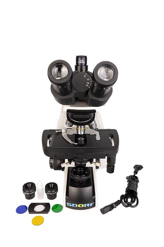 Microscópio Biológico Trinocular Planacromático Infinito ICS (SISTEMA DE CORREÇÃO INFINITA) com Aumento de 40x a 1.600x e Iluminação de 5W 